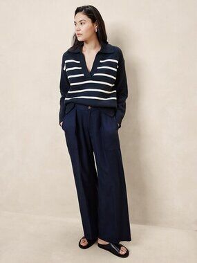 NWT Womens Banana Republic Collared V Neck Navy Striped Sweater Size Small